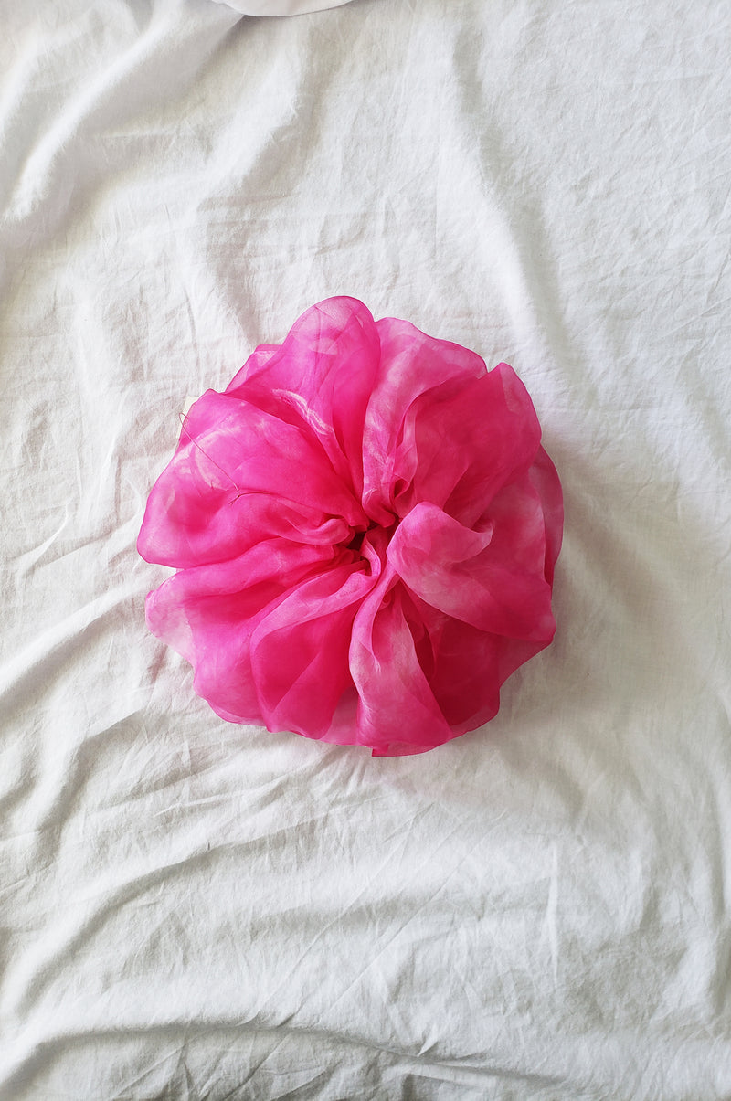 Giga Scrunchie in Tie-Dye Neon Pink Silk Organza