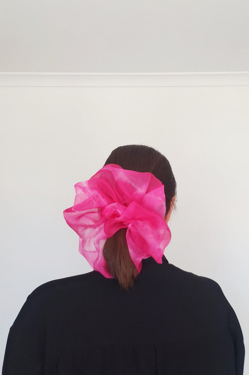 Giga Scrunchie in Tie-Dye Neon Pink Silk Organza