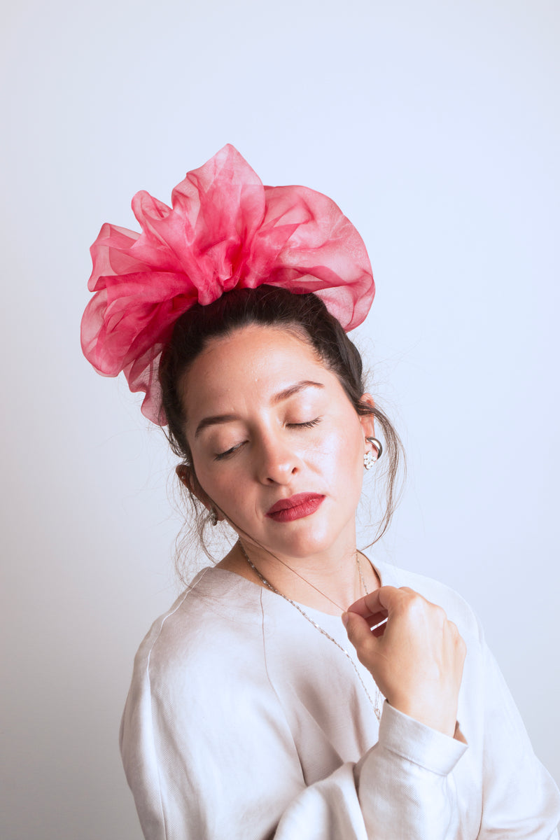 Giga Scrunchie in Tie-Dye Neon Pink Silk Organza