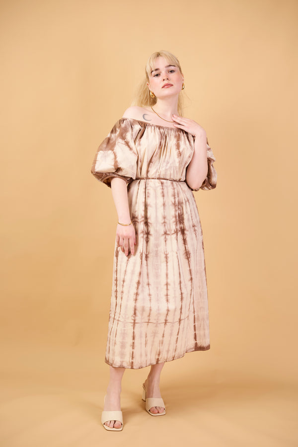 Bamboo Hand-Dyed Cotton Maxi Dress in Cream Brown