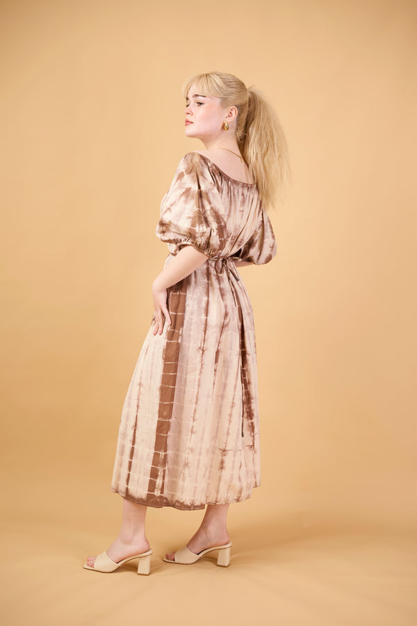 Bamboo Hand-Dyed Cotton Maxi Dress in Cream Brown