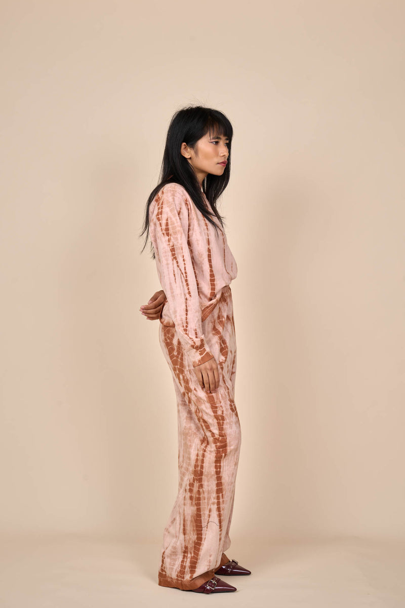 Cotton Taupe Caramel Shibori Tie-Dye Relaxed Pants