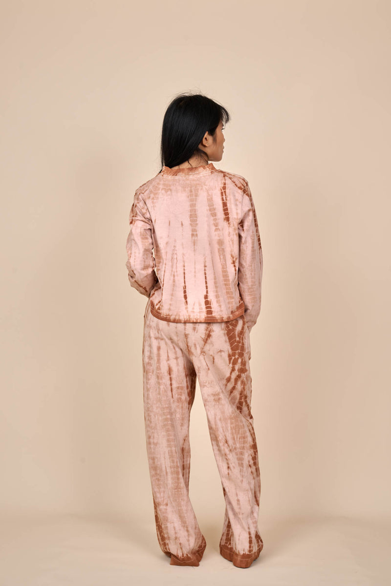 Cotton Taupe Caramel Shibori Tie-Dye Long Sleeve Tee