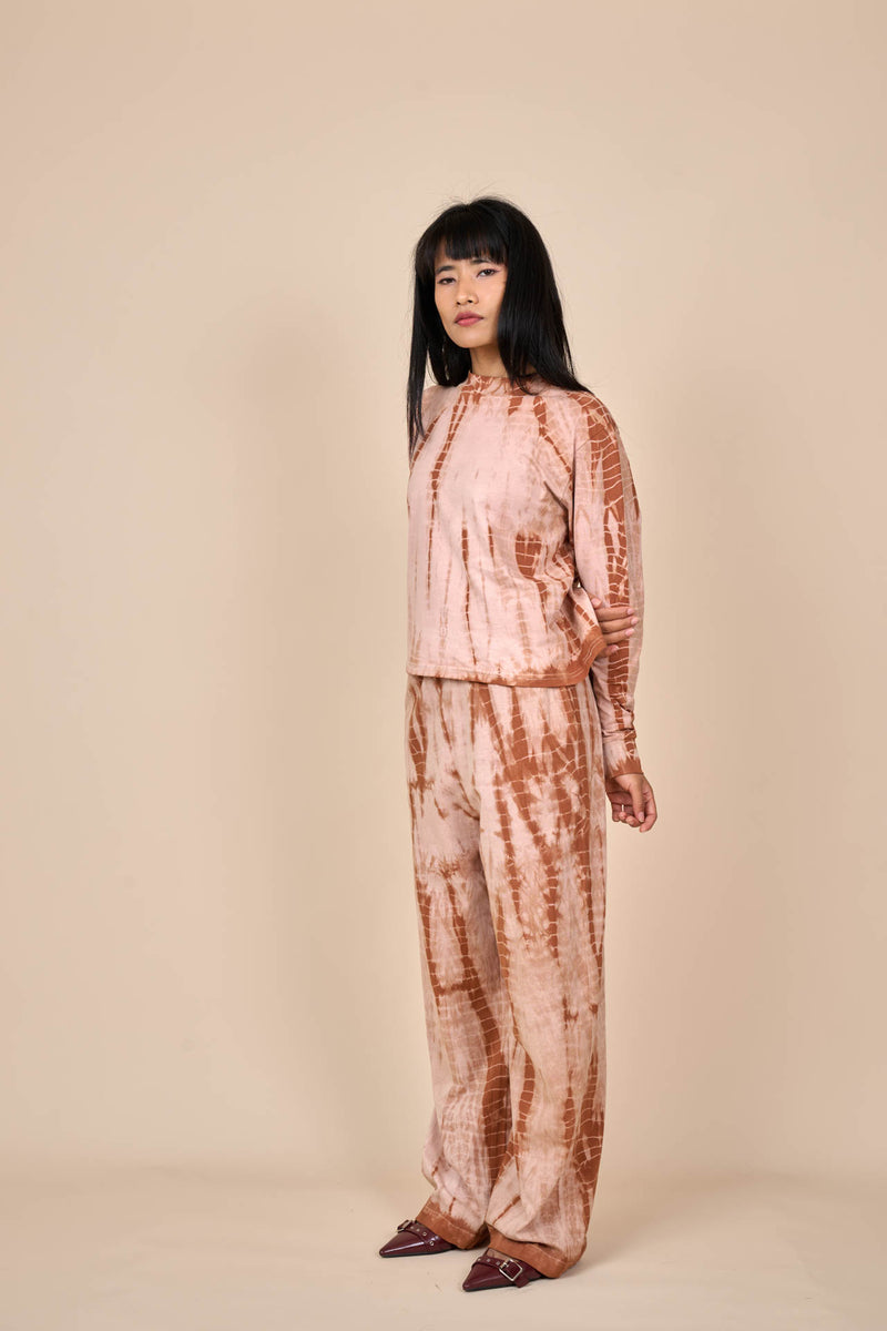 Cotton Taupe Caramel Shibori Tie-Dye Long Sleeve Tee