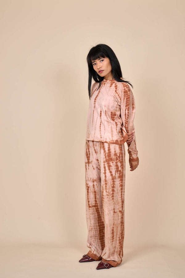 Cotton Taupe Caramel Shibori Tie-Dye Relaxed Pants