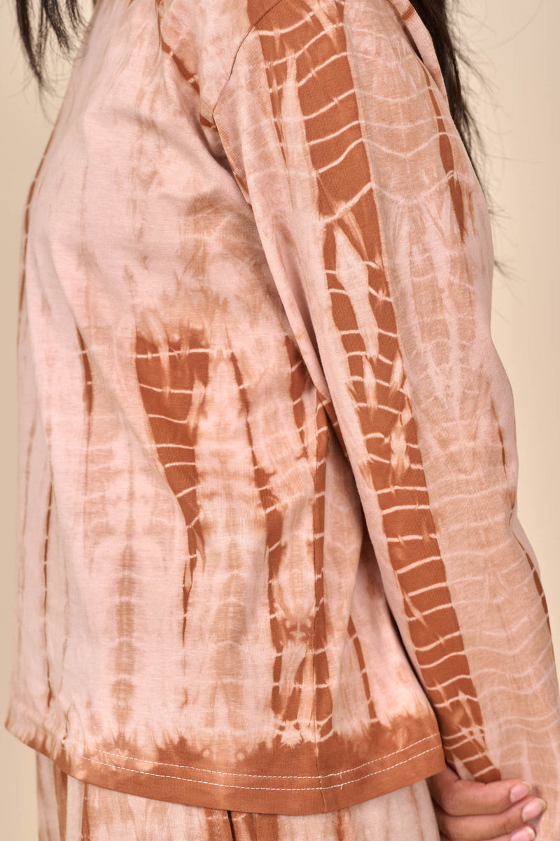 Cotton Taupe Caramel Shibori Tie-Dye Long Sleeve Tee