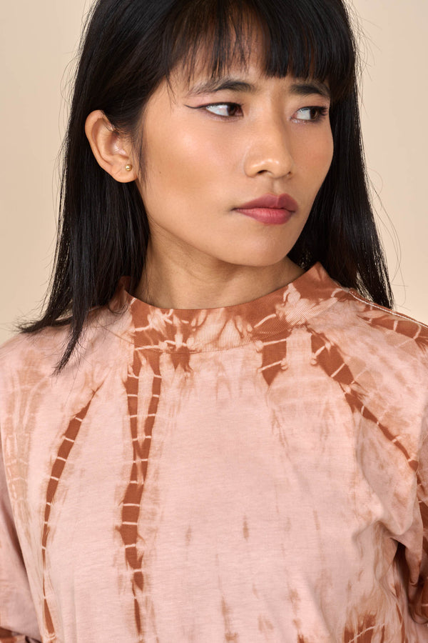 Cotton Taupe Caramel Shibori Tie-Dye Long Sleeve Tee