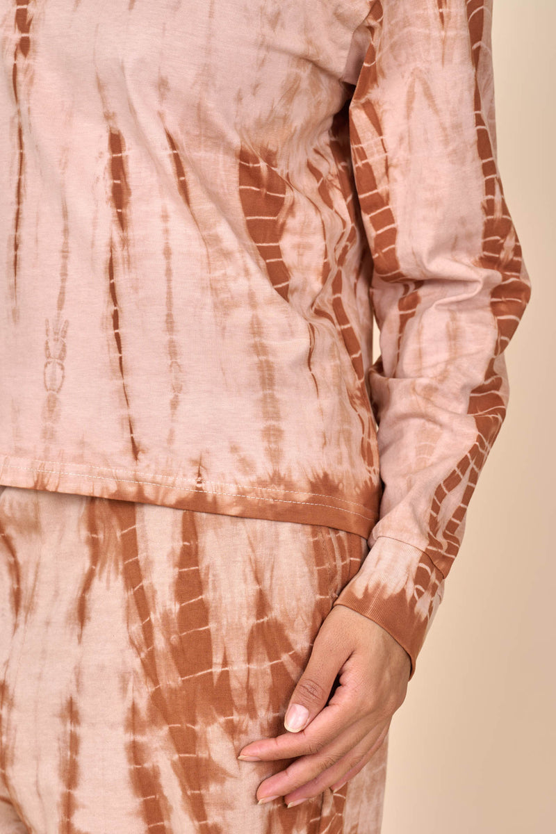 Cotton Taupe Caramel Shibori Tie-Dye Long Sleeve Tee
