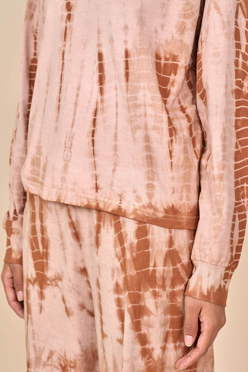 Cotton Taupe Caramel Shibori Tie-Dye Long Sleeve Tee