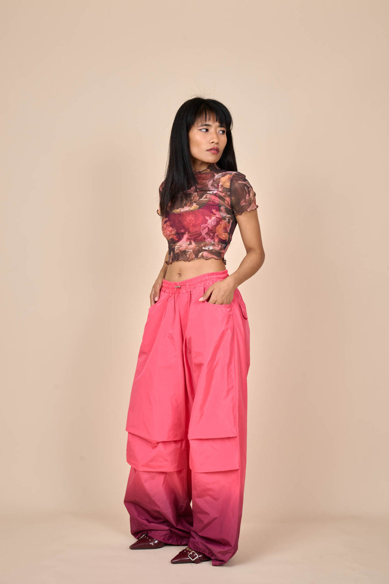 Nylon Gradient Dye Cargo Pants in Plum Fuchsia