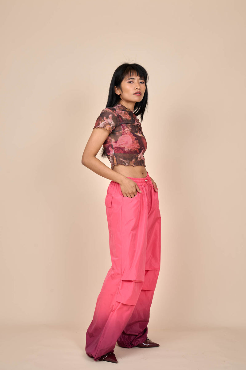 Nylon Gradient Dye Cargo Pants in Plum Fuchsia