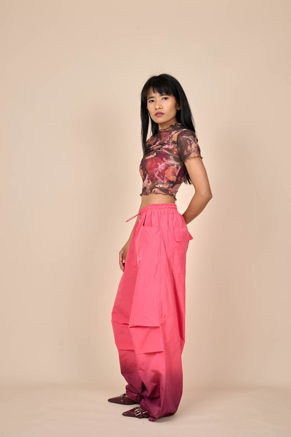 Nylon Gradient Dye Cargo Pants in Plum Fuchsia