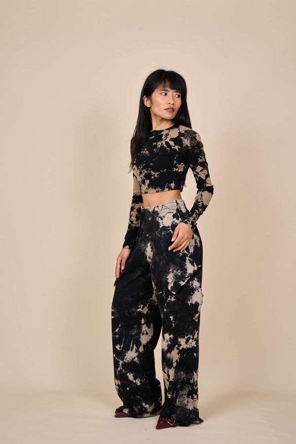 Cotton Black/Off-White Reverse Tie-Dye Wide Leg Pants