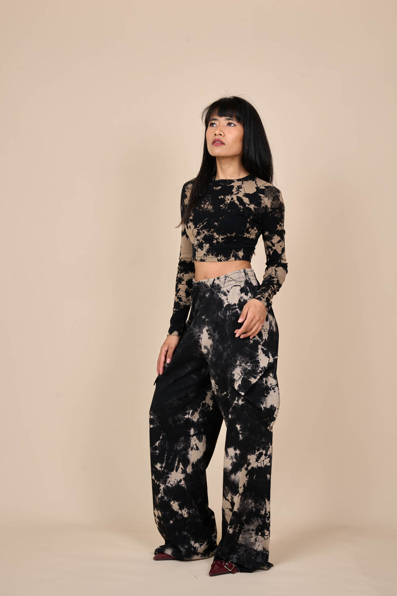 Cotton Black/Off-White Reverse Tie-Dye Wide Leg Pants