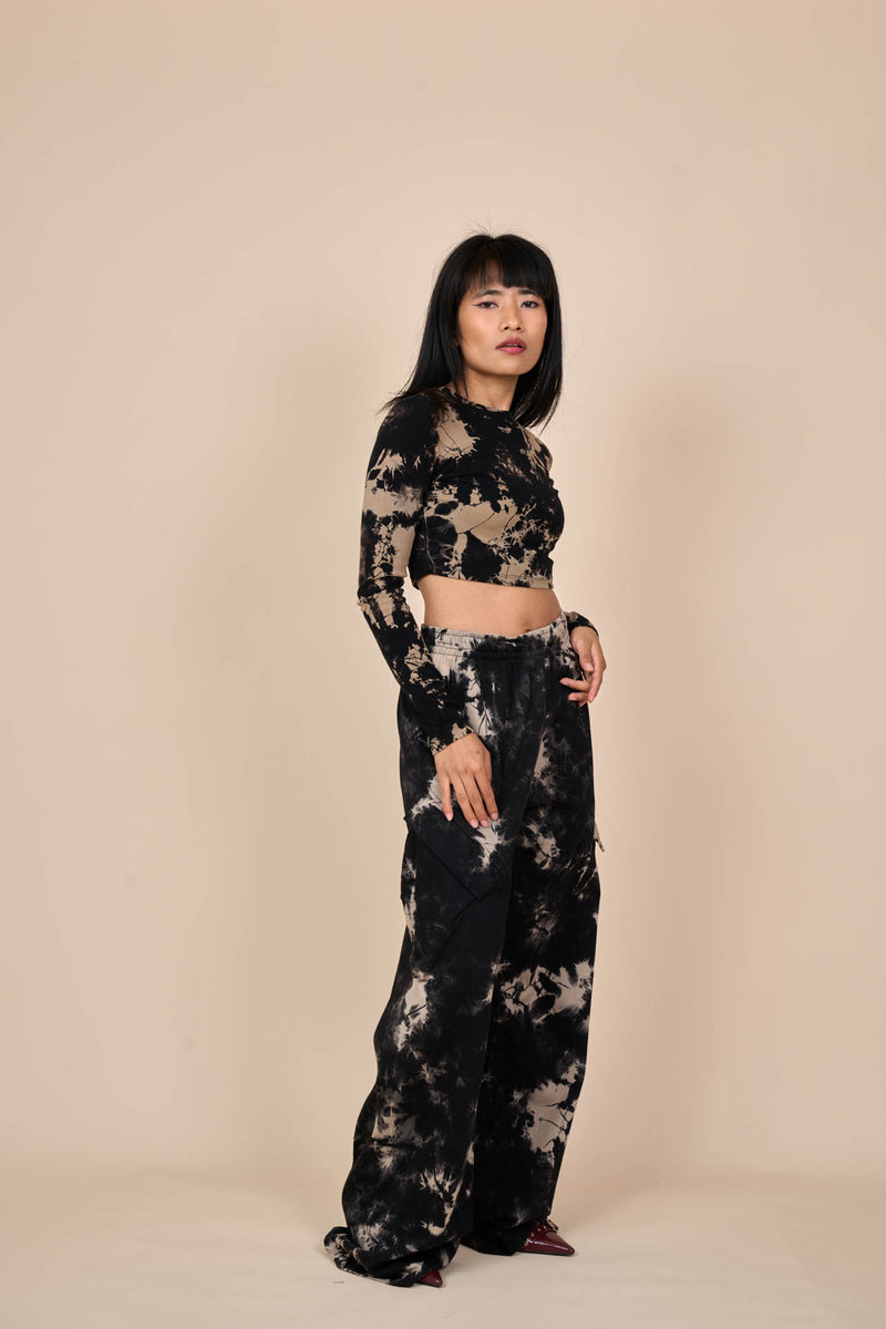Cotton Black/Off-White Reverse Tie-Dye Wide Leg Pants