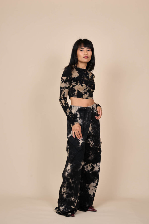 Cotton Black/Off-White Reverse Tie-Dye Wide Leg Pants