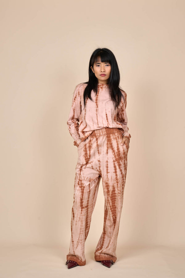 Cotton Taupe Caramel Shibori Tie-Dye Relaxed Pants