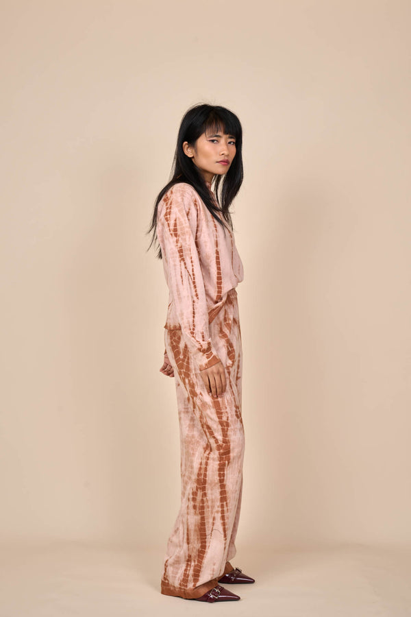 Cotton Taupe Caramel Shibori Tie-Dye Long Sleeve Tee