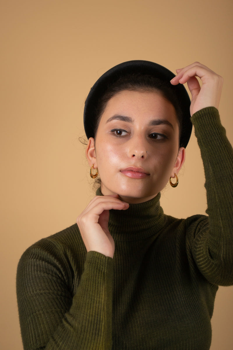 Padded Headband in Black Velvet worn with a Ponytail