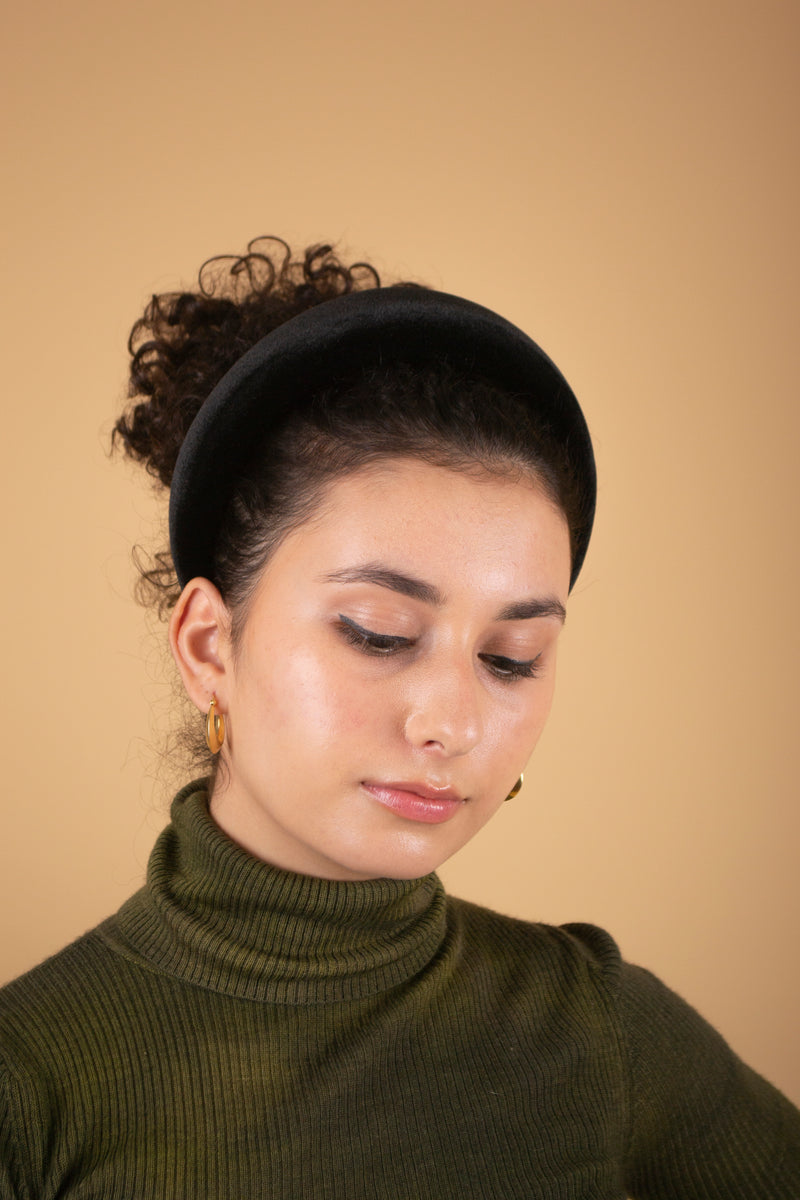 Black Padded Velvet Headband worn with a Ponytail