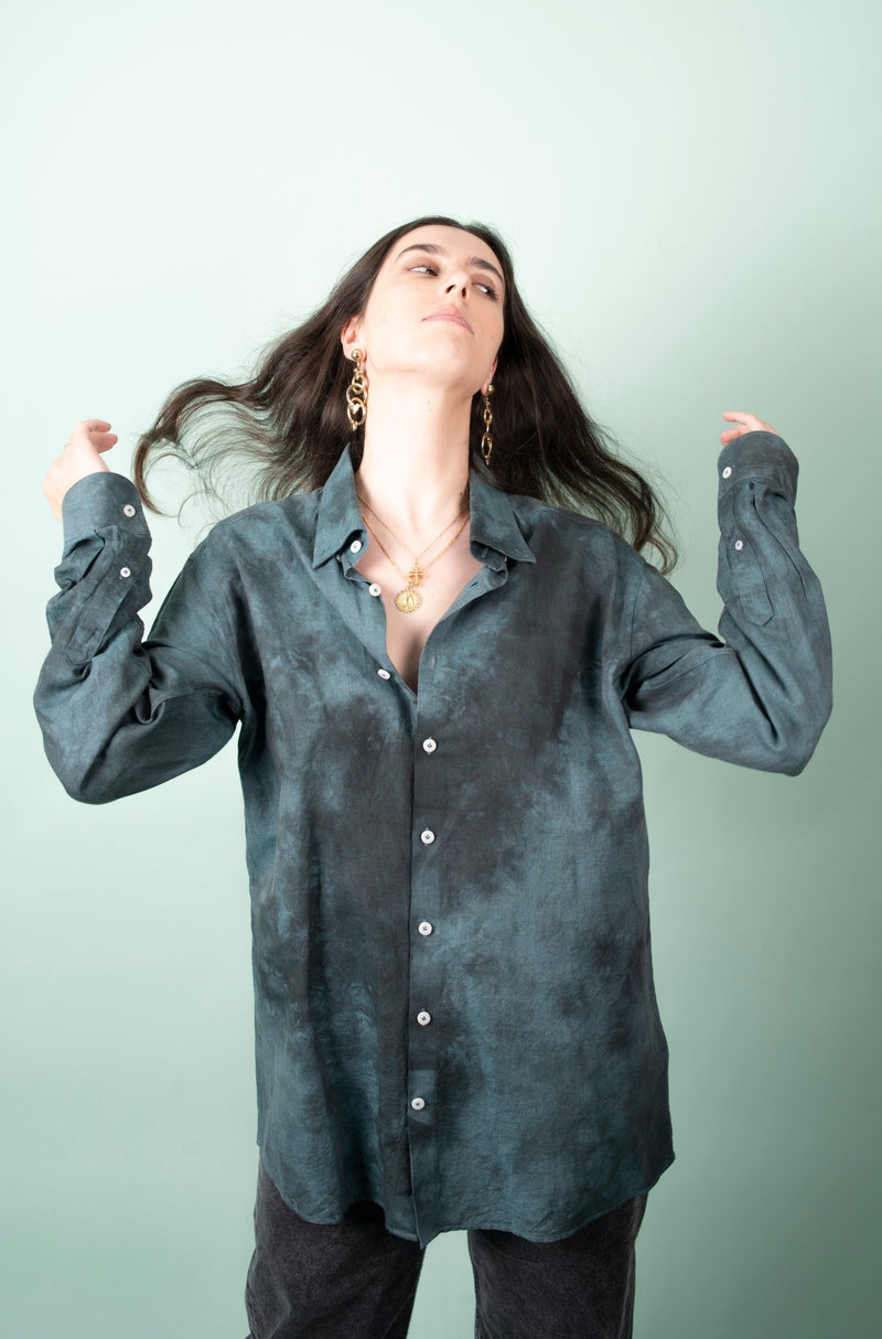 Upcycled Tie-Dye Emerald Moss Linen Shirt